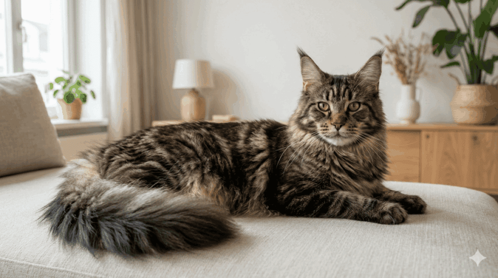 Realistische Maine Coon kat in huiselijke omgeving – voorbeeld van de voor- en nadelen van een Maine Coon als huisdier